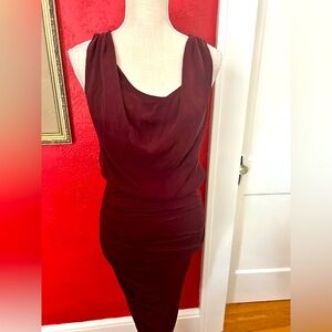 Elegant Burgundy Sleeveless Dress ruching on waist and skirt  zips in back sz8
